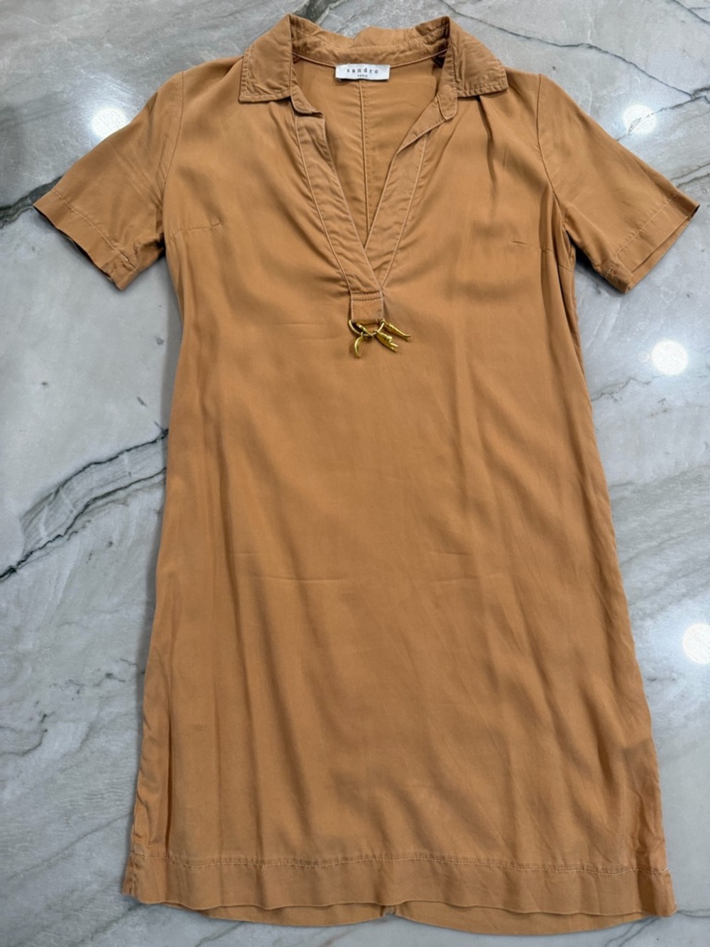 Sandro Tan Button-Front Shirt Dress with Logo Tag